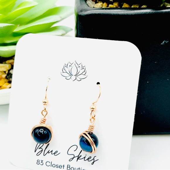 Rose Gold Blue Tigers Eye Earrings - Picture 7 of 8